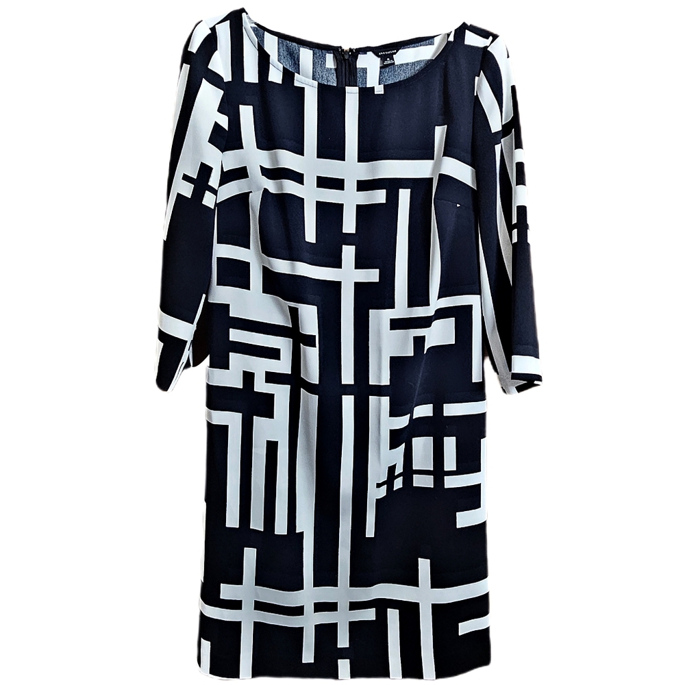 Ann Taylor Womens Sheath dress size 6 black white geometric midi 3/4 sleeve